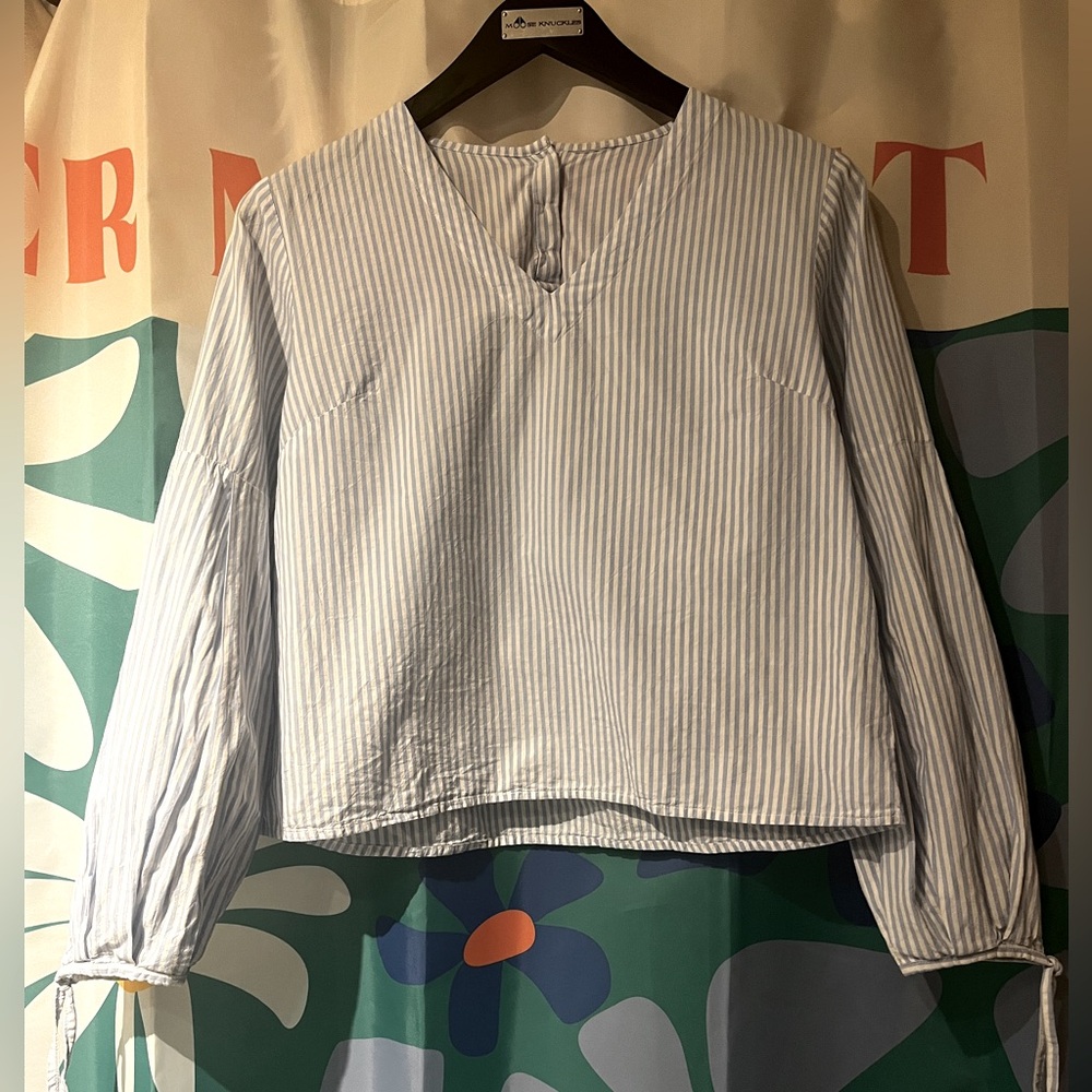 Simons Blue and White Puff Sleeve Blouse